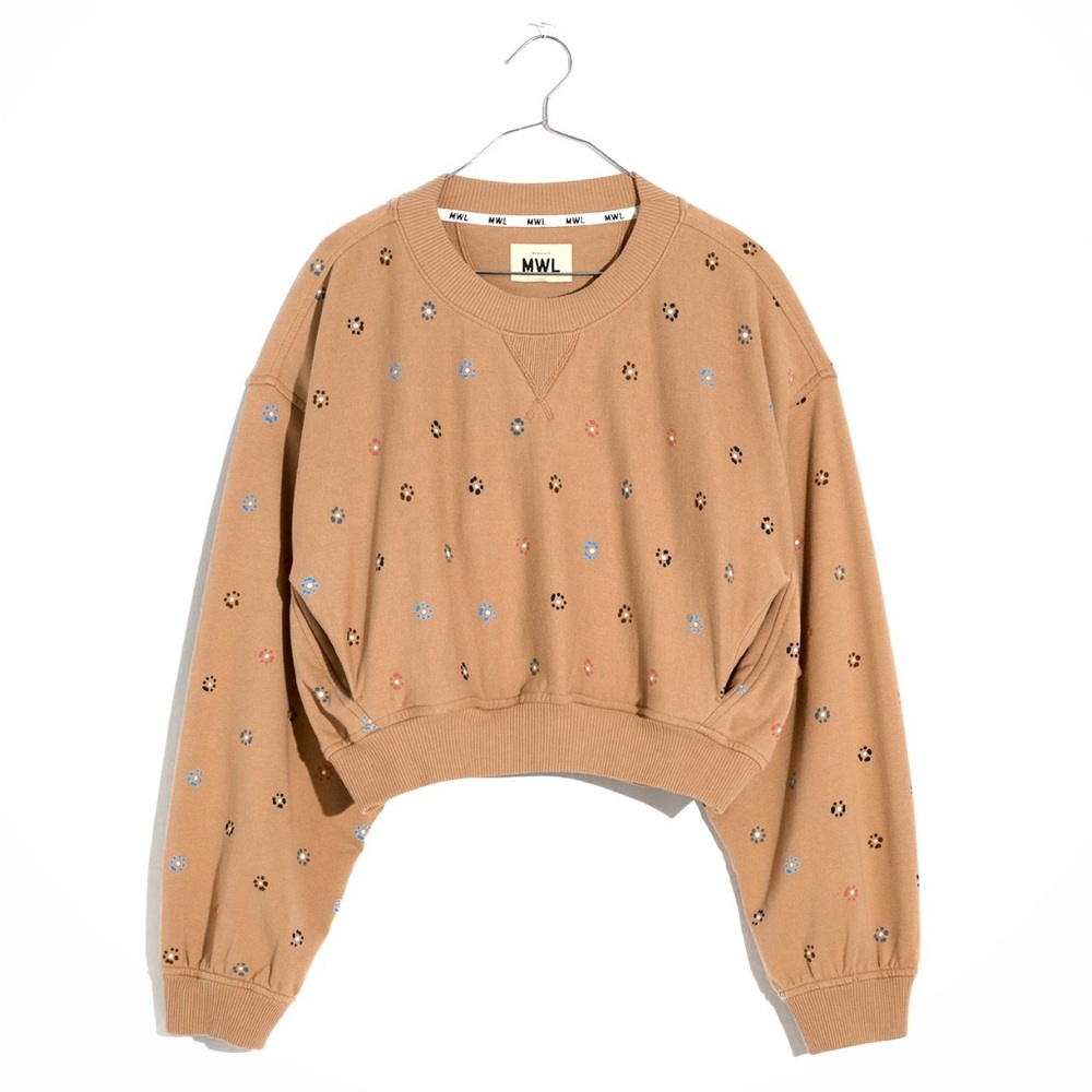 Madewell Terry Sweatshirt Nude Brown Crop Length with Floral Dot Daisy Pattern
